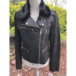 NWT $ 250 Levi’s Genuine Leather Moto Jacket Faux Fur Black Shimmer Sz M